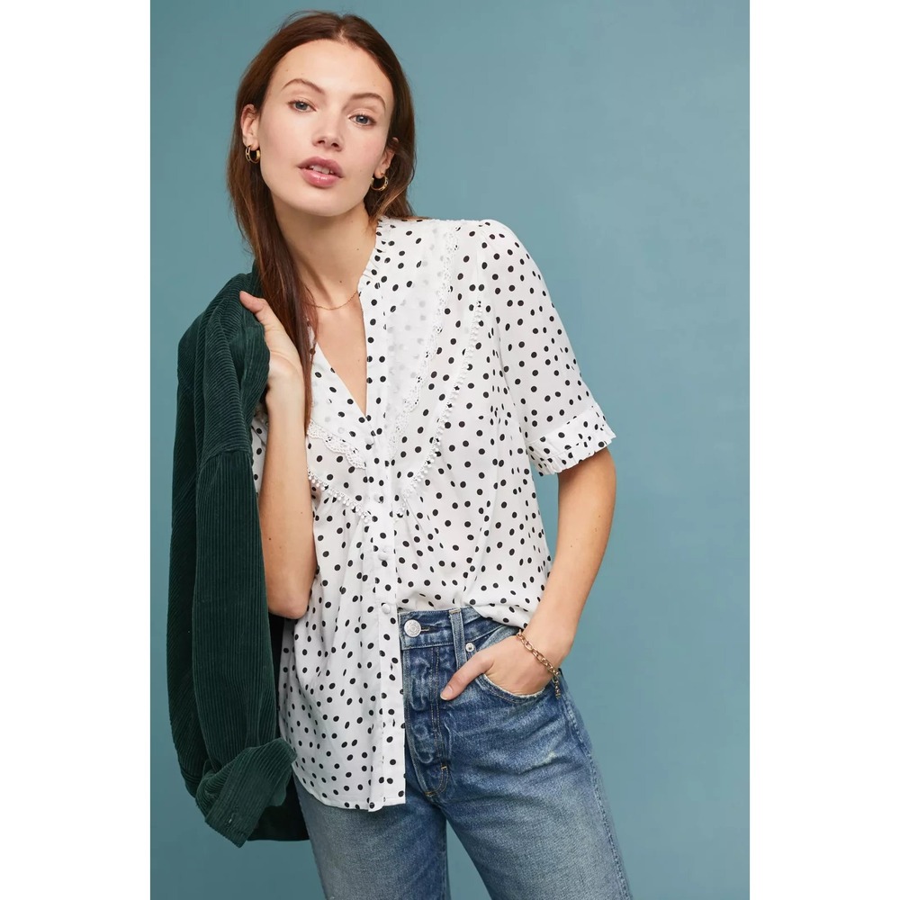 Maeve By Anthropologie Polka Dot Buttondown Lace Blouse In White Sz US 6